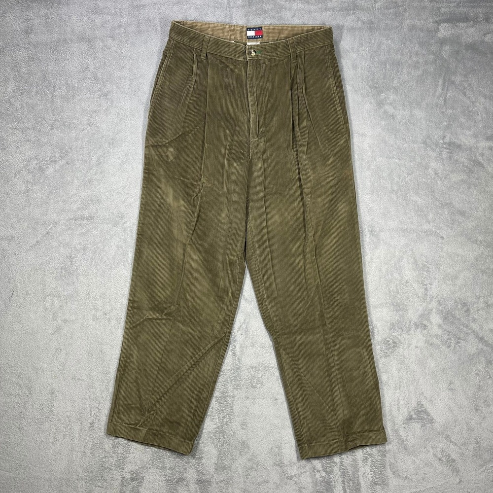 Tommy Hilfiger Corduroy Pants Mens 32x32(31x28.5) Olive Green Pleated Wide Leg
